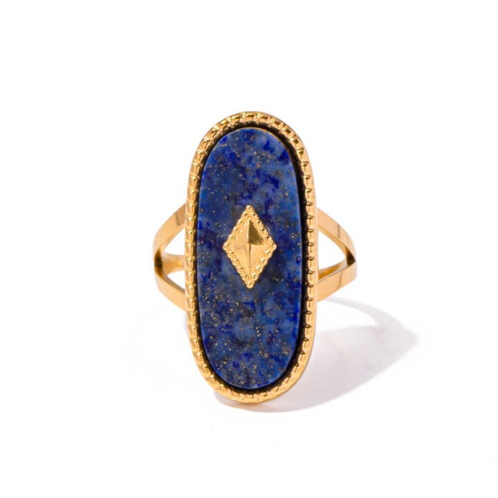 18K Gold Plated Stainless Steel Oval Natural Lapis Stone Stacking Ring